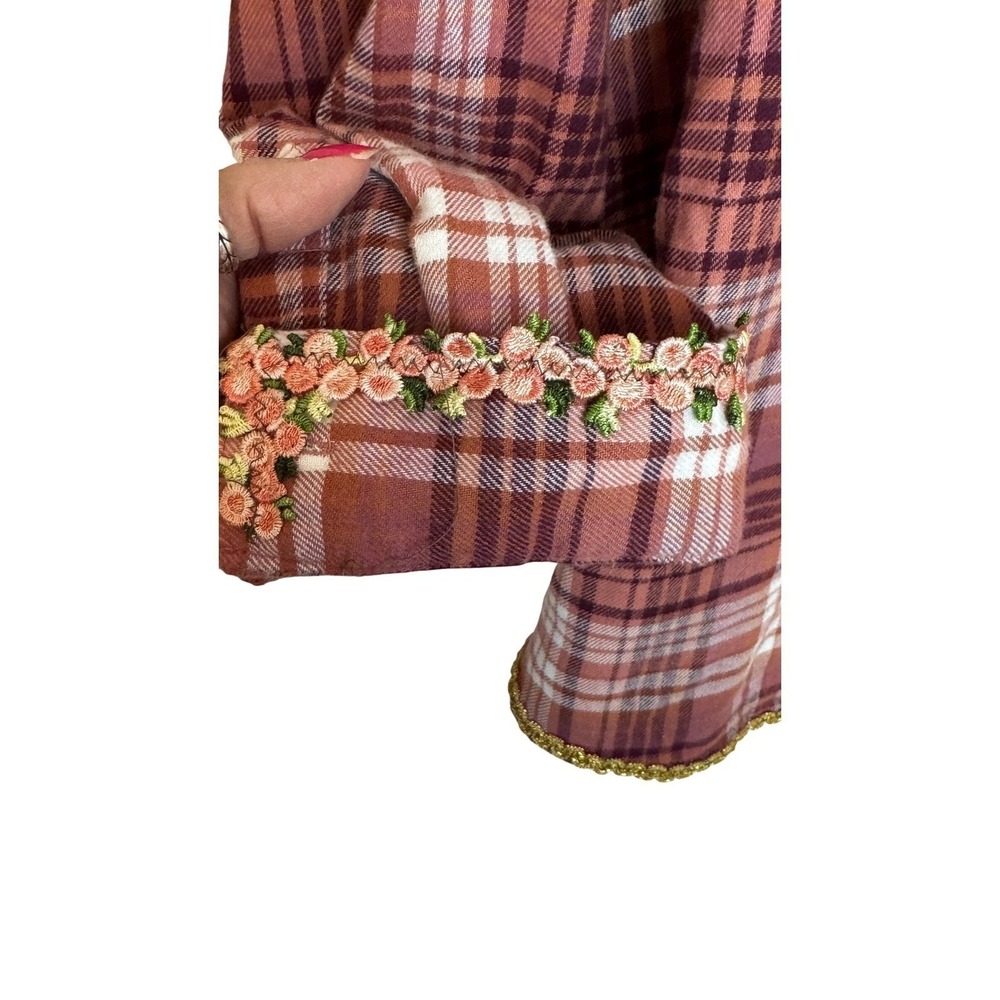 women's 100% Organic Cotton Plaid Shirt 3X Pink Floral Embroidery - Picture 7 of 9